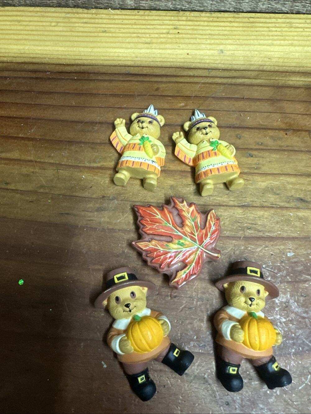 Vtg GGI Thanksgiving Bear Magnets Pilgrim Pumpkin Native American Indian Set 5